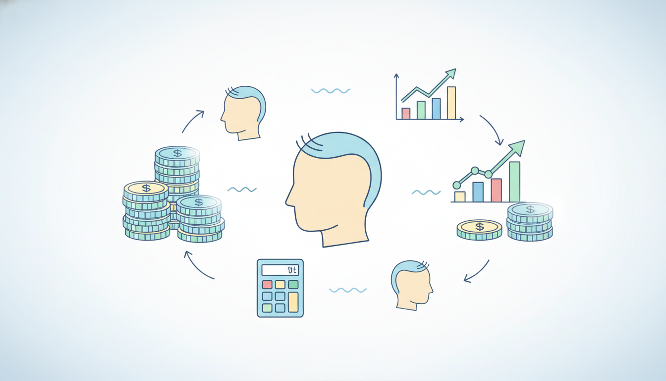 治療の料金プランや費用を視覚的に比較するインフォグラフィック風のイラスト。頭部のシルエット（生え際や頭頂部）のアイコンと、コイン、電卓、グラフのモチーフがバランスよく配置され、必要な治療の規模とコスト