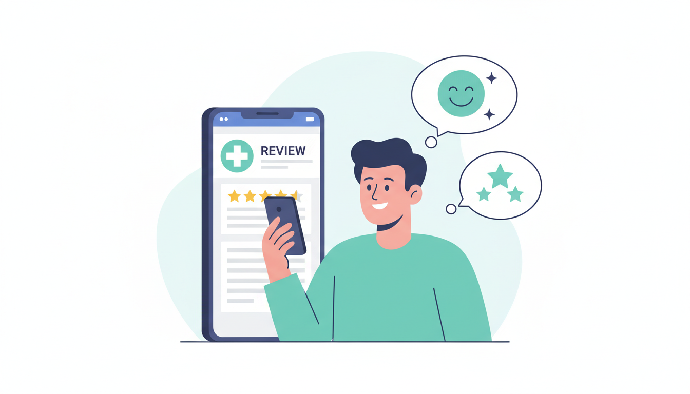 スマホでクリニックの口コミや星評価の画面を見ている男性のイラスト。男性は安心したような明るい表情をしている。背景には吹き出しの中にポジティブなイメージを表すアイコン（笑顔やキラキラマーク）が浮かんでい