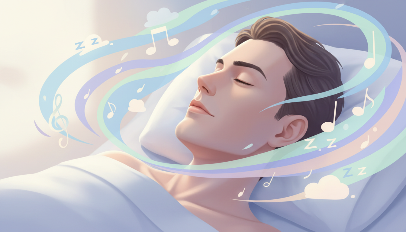 メスを使わず痛みを抑えた治療を表現する概念的なイラスト。ベッドでリラックスして眠っている男性の顔の周りに、穏やかな音符や睡眠を示す「Zzz」のマークが描かれている。医療機器そのものは描かず、静脈麻酔に
