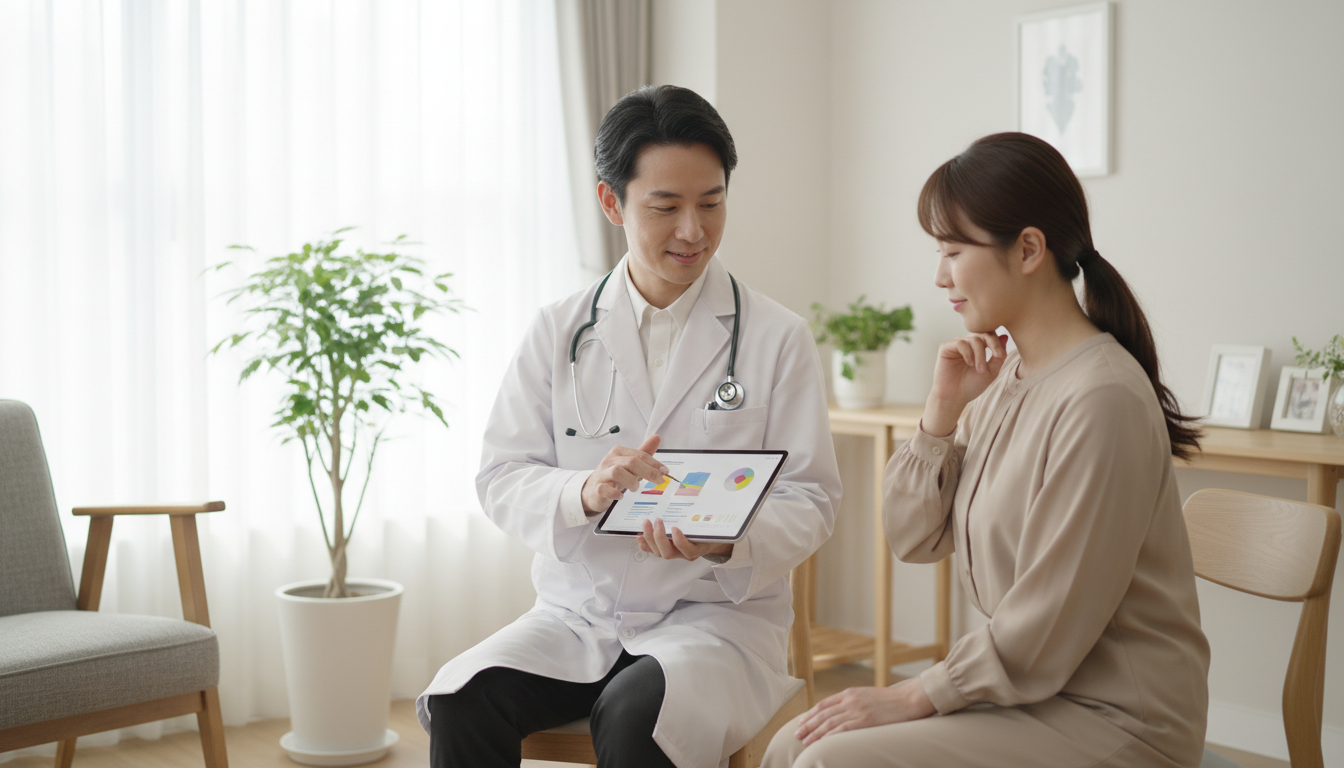清潔感のあるカウンセリングルームで、白衣を着た優しそうな医師がタブレットを見せながら、患者に丁寧に説明している様子。2人ともリラックスした穏やかな表情で、親身な対応と口コミの良さを表現した親しみやすい