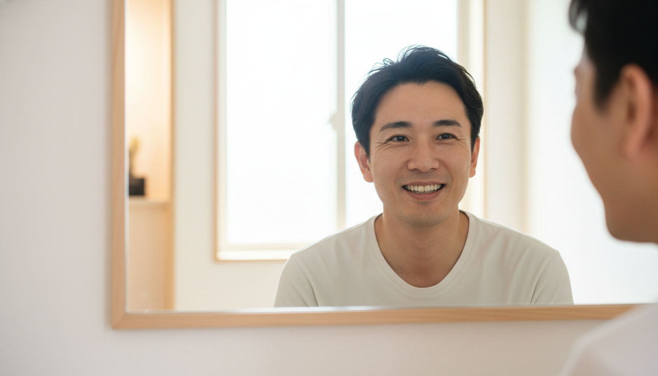 鏡を見て、自分の自然な生え際に満足して明るい笑顔を浮かべている30〜40代の日本人男性のイラスト。自信を取り戻して前向きな雰囲気で、背景には清潔感のある温かい光が差し込んでいる。