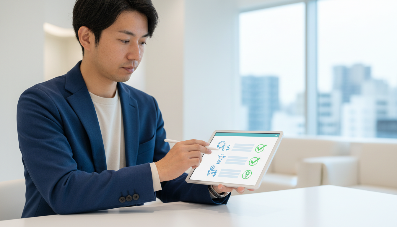 男性がタブレットを持ちながら、クリニック選びの3つのポイント（費用、治療法、通いやすさ）をチェックリスト形式で確認している図解イラスト。虫眼鏡やチェックマークのアイコンを配置して分かりやすく視覚化。