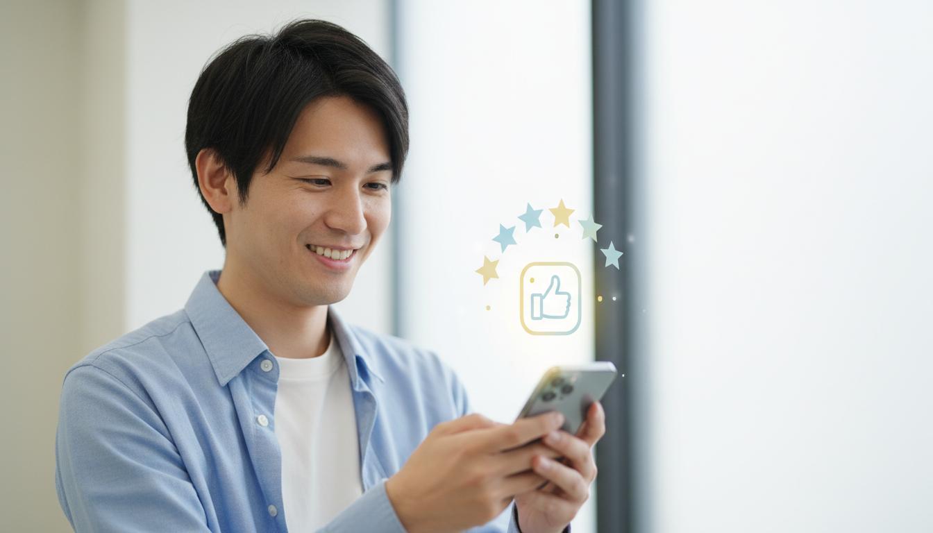 スマートフォンを見ながら笑顔で納得している若い男性のイラスト。画面からは「星5つ」の評価や「Good」のアイコンが浮かび上がっており、クリニックの高い評価やポジティブな口コミを確認して安心している様子