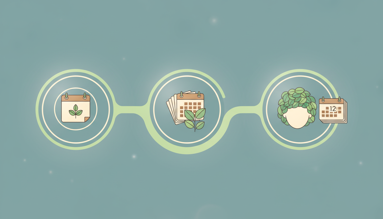植毛手術後から髪が完成するまでの時間経過を示すタイムライン型のイラスト。「1ヶ月後」「半年後」「1年後」という3つのステップが、カレンダーや発毛をイメージした若葉のアイコンとともに滑らかな曲線で繋がっ