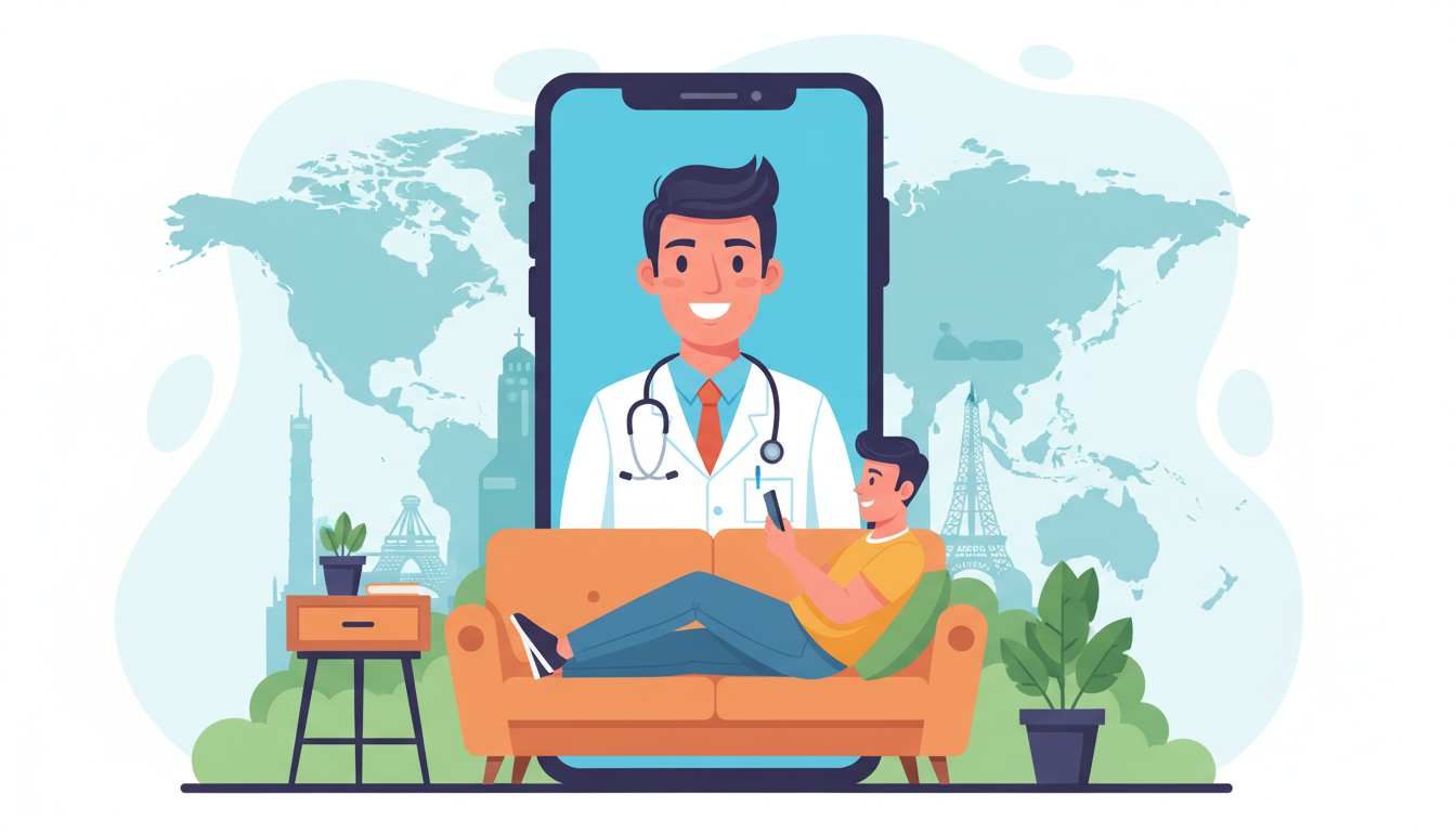オンライン診療を表現した概念的なイラスト。画面の大きなスマートフォンに白衣を着た医師が笑顔で映っているポップな表現で、手前には自宅でくつろぎながらスマホを持つ男性が描かれている。場所を選ばず手軽に受診