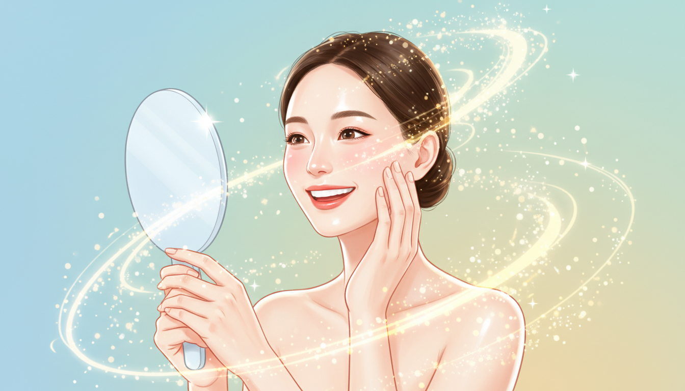 スキンケアや美容をテーマにした概念的なイラスト。手鏡を持ちながら自分の顔をチェックし、明るい笑顔を浮かべる女性。周囲にはキラキラとしたエフェクトや、潤い・ハリを象徴する光の粒が舞っている。美容医療によ