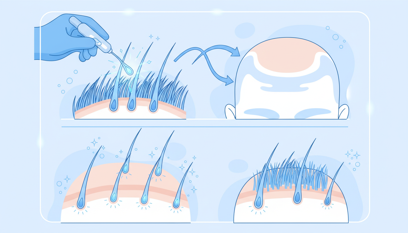 「自毛植毛」の概念を視覚的に説明する分かりやすいイラスト。後頭部の健康な毛根を採取し、薄毛が気になる前頭部や頭頂部に移植して定着するまでのプロセスを、青と白を基調とした爽やかな色合いで表現。矢印や光の