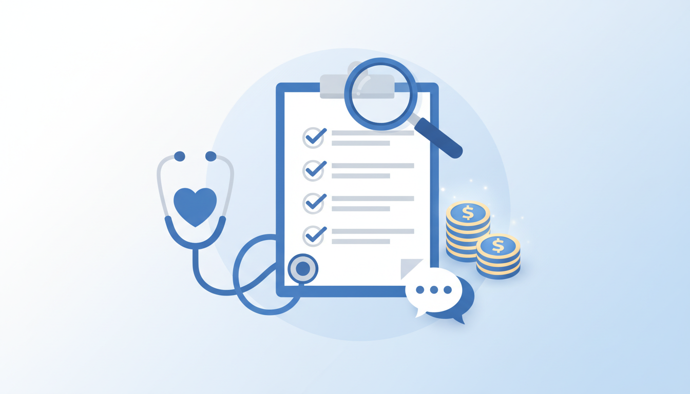 A conceptual vector illustration showing a checklist on a clipboard with a magnifying glass, a steth