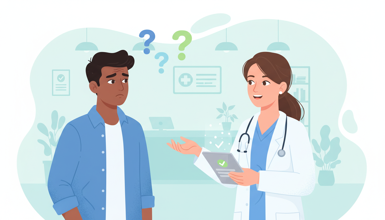 A friendly vector illustration of a young man with a mild concern talking to a smiling doctor in a w