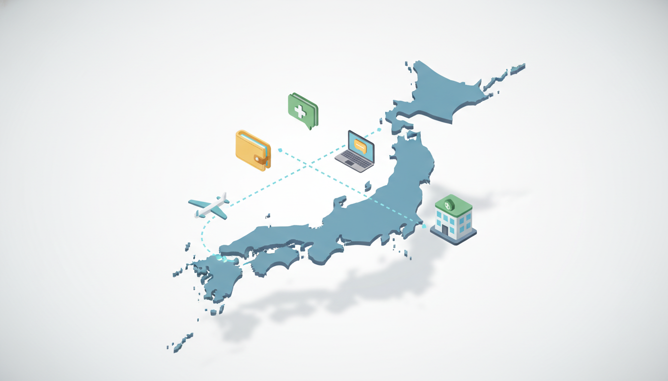 北海道（札幌）から東京のクリニックへ通院するイメージの概念的なイラスト。飛行機のアイコンや日本地図のシルエット（北海道と東京を繋ぐ点線）を配置し、交通費補助やオンラインカウンセリングを連想させるお財布