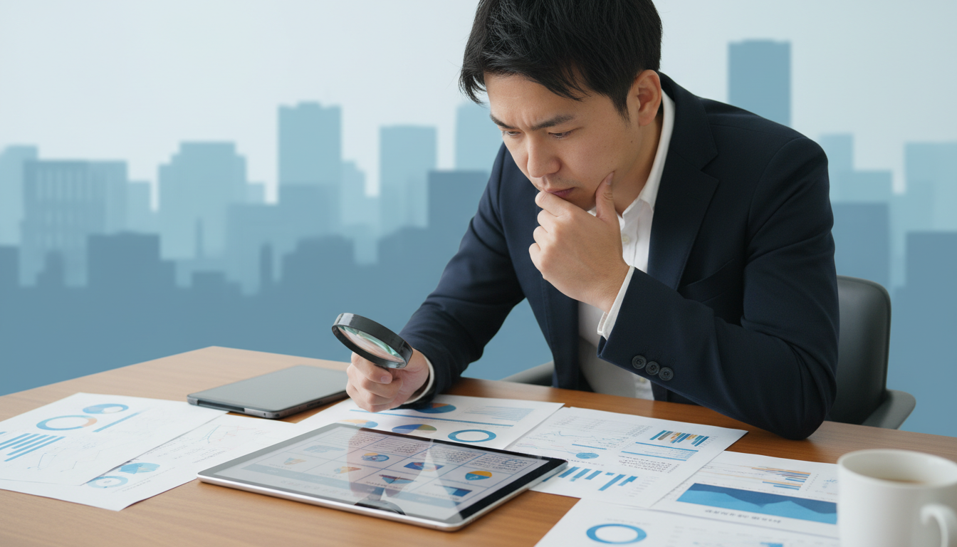 複数のクリニック情報を並べた比較表やタブレット画面を、真剣な表情でチェックしている30代男性のイラスト。テーブルの上に資料が広げられており、ルーペ（虫眼鏡）を使って費用や特徴を比較検討している様子。背