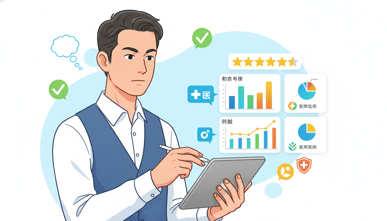 クリニック選びで複数の情報を比較検討しているイメージイラスト。真剣な表情でタブレット端末を見ながら、画面上のいくつかのクリニックの料金体系や特徴のグラフを見比べている男性の姿。背景にはチェックマークや