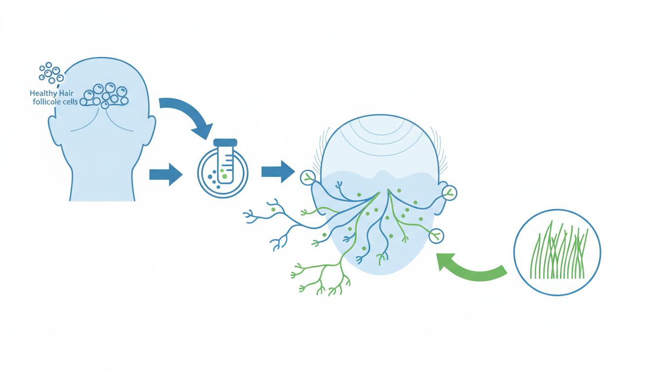 後頭部の健康な毛根細胞を採取し、薄毛部分へ移植し、そこで新しい毛細血管と繋がって定着するまでのプロセスを分かりやすく説明したフローチャート図解。白背景に清潔感のあるブルーとグリーンの配色。矢印を使って