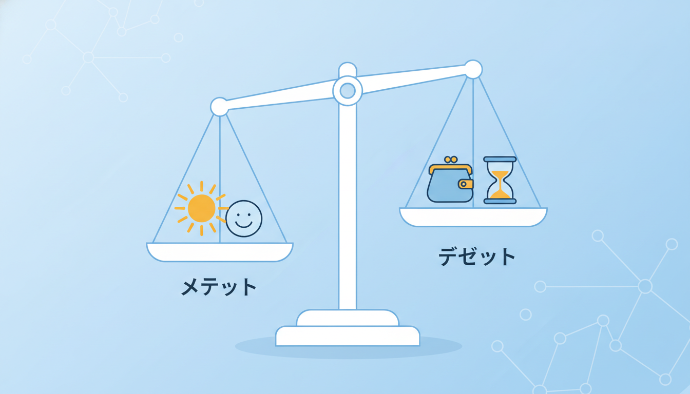メリットとデメリットを比較する天秤（スケール）の概念的なイラスト。左側には「輝く太陽や笑顔」などポジティブなイメージのアイコン、右側には「お財布や時計（時間）」などコストやダウンタイムを連想させるアイ