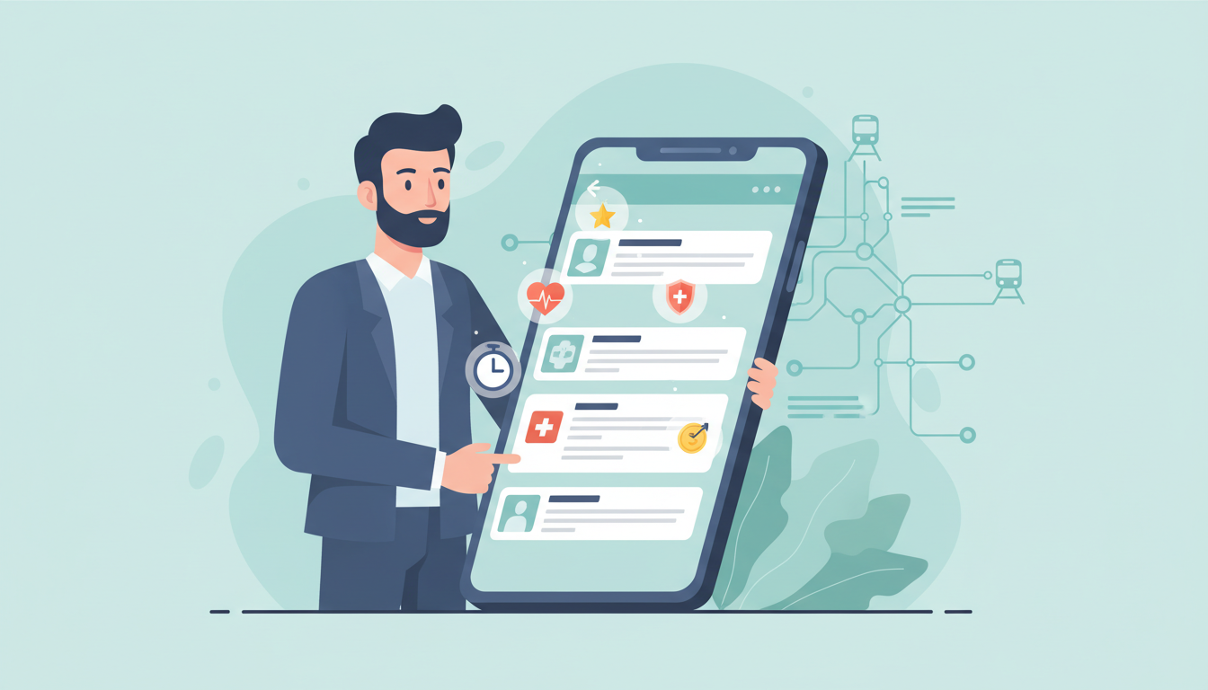 スマートフォンで複数のクリニックの情報を比較検討している男性のイラスト。画面からはクリニックの特徴や評価を示すアイコンが浮かび上がっており、背景には電車や駅など「通いやすさ」や「アクセス」を連想させる