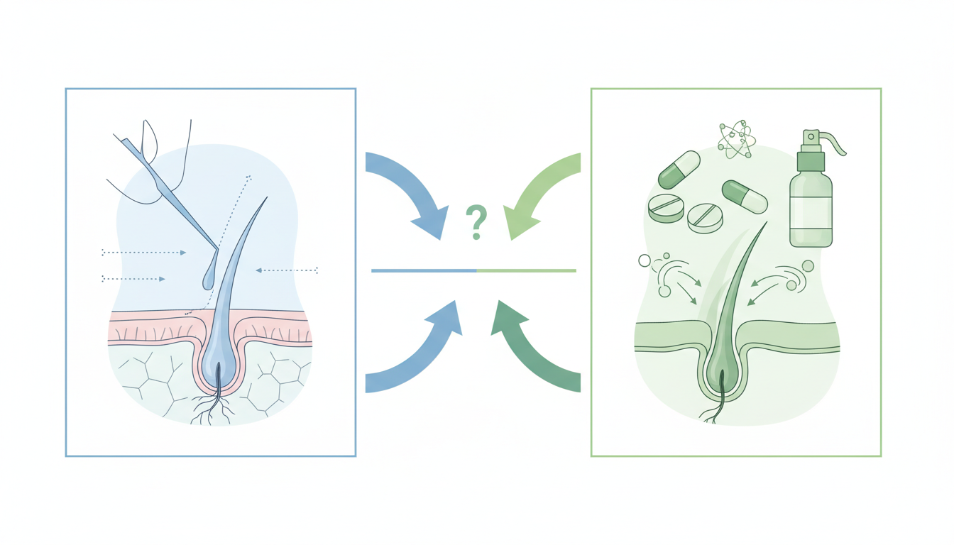 自毛植毛とAGA治療薬の違いを分かりやすく伝える図解風のイラスト。左側には健康な髪の毛の毛根を移植するイメージ、右側には薬の錠剤とボトルのイメージが描かれている。全体的に医療的な清潔感のあるブルーとグ