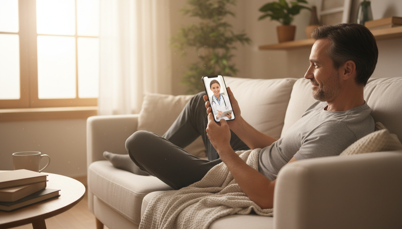 自宅のリビングでリラックスしながら、スマートフォンを使ってオンライン診療を受けている男性のイラスト。スマホの画面には白衣を着た優しい表情の医師が映っている。通院不要の手軽さやプライバシーが守られている