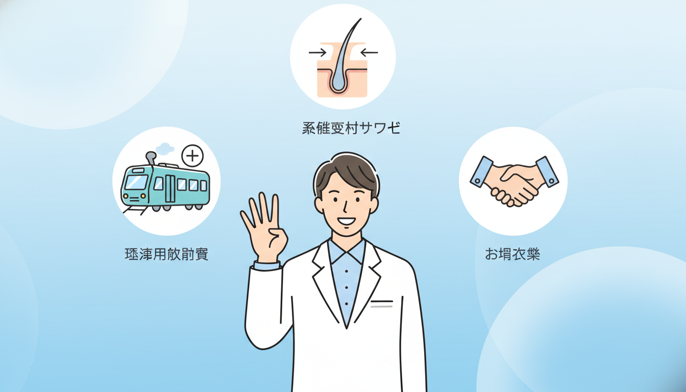 クリニック選びの「3つのポイント」を説明する概念的なイラスト。白衣を着た専門医が、笑顔で指を3本立ててポイントを解説している様子。背景には「交通費の補助」「植毛手法の比較」「アフターケア」を象徴する小
