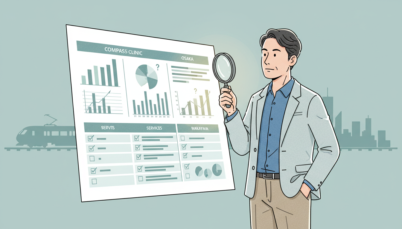 複数のクリニックの料金やサービスを比較している概念的なイラスト。男性が大きな比較表（棒グラフやチェックマークが描かれている）を眺めながら、虫眼鏡を持って自分に合ったクリニックを選ぼうとしている様子。背