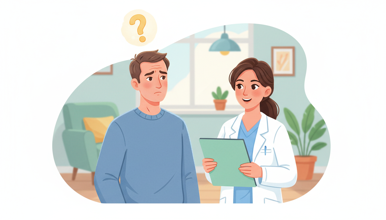 植毛やAGA治療に関するよくある疑問を解決するQ&Aのイラスト。頭の上に大きなクエスチョンマークを浮かべて少し悩んでいる男性と、その隣で「Q&A」と書かれたフリップボードを持ちながら優しく笑顔で答えて