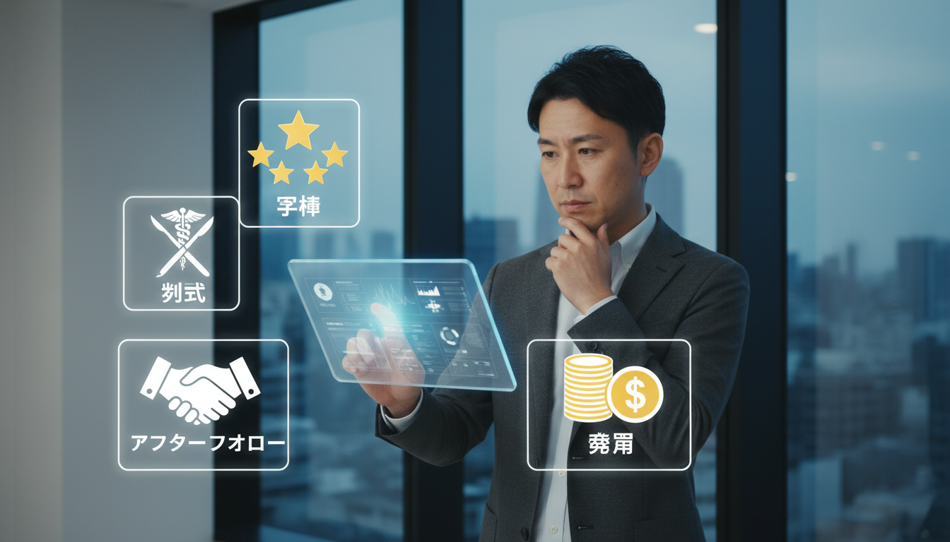 医師の実績、術式、費用、アフターフォローといったクリニック選びの重要なポイントを示すアイコン（星マーク、医療器具、コイン、握手など）が空中に浮かび、それらを参考にしながら男性が真剣にクリニックを選んで