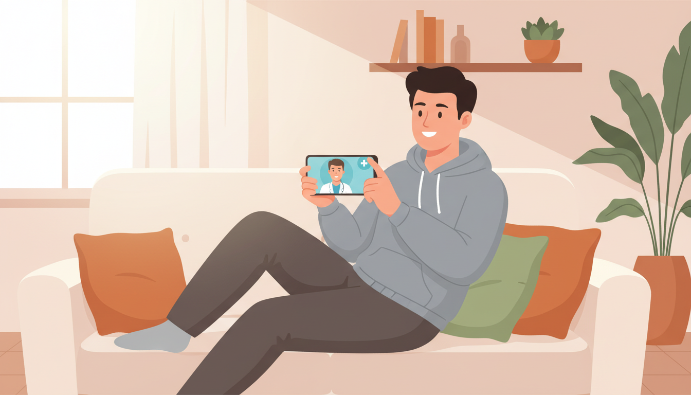 自宅のリビングでリラックスしながら、スマートフォンの画面越しに医師のオンライン診療を受けている若い男性のイラスト。画面の中には白衣を着た医師が笑顔で応対しており、オンラインで完結する手軽さと安心感が伝