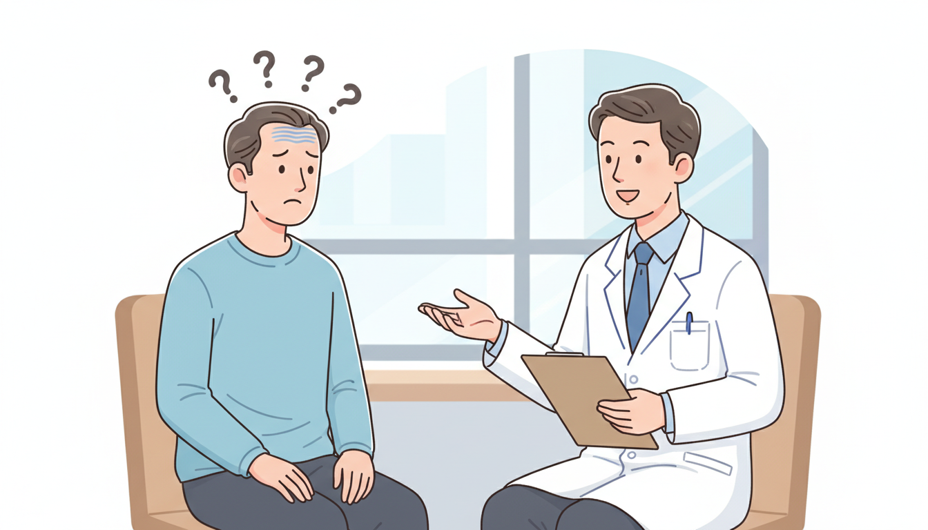 薄毛やAGA治療について疑問を持っている男性と、それに丁寧に答えている白衣を着た男性医師のイラスト。男性の頭の上には「?」マークがいくつか浮かんでおり、医師がクリップボードを持ちながら笑顔で説明してい